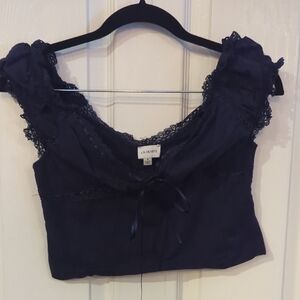 La Hearts Navy Lace Trim Crop Top